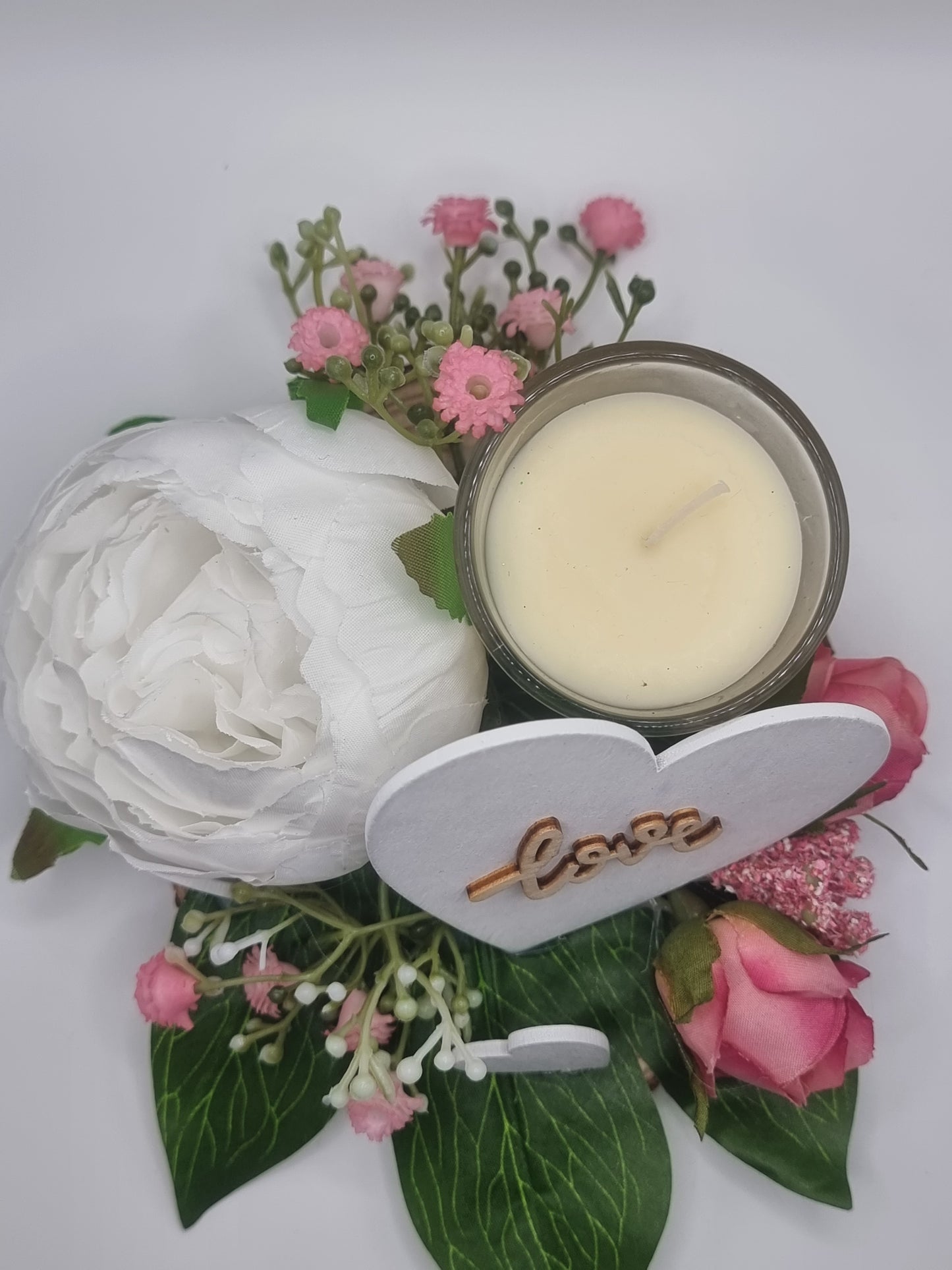 Valentines white & pink peony candle